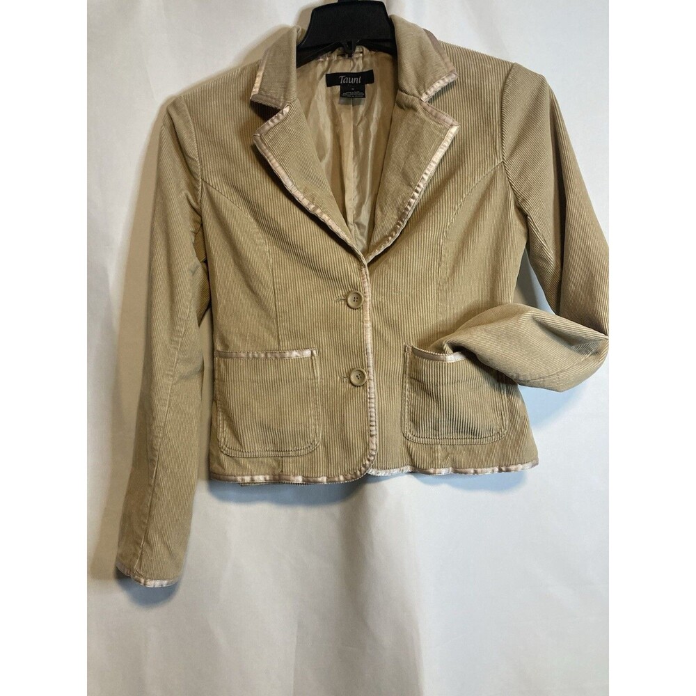 Y2K Beige Corduroy Jacket Blazer M Satin Trim Light Academia 70s Career Classic
